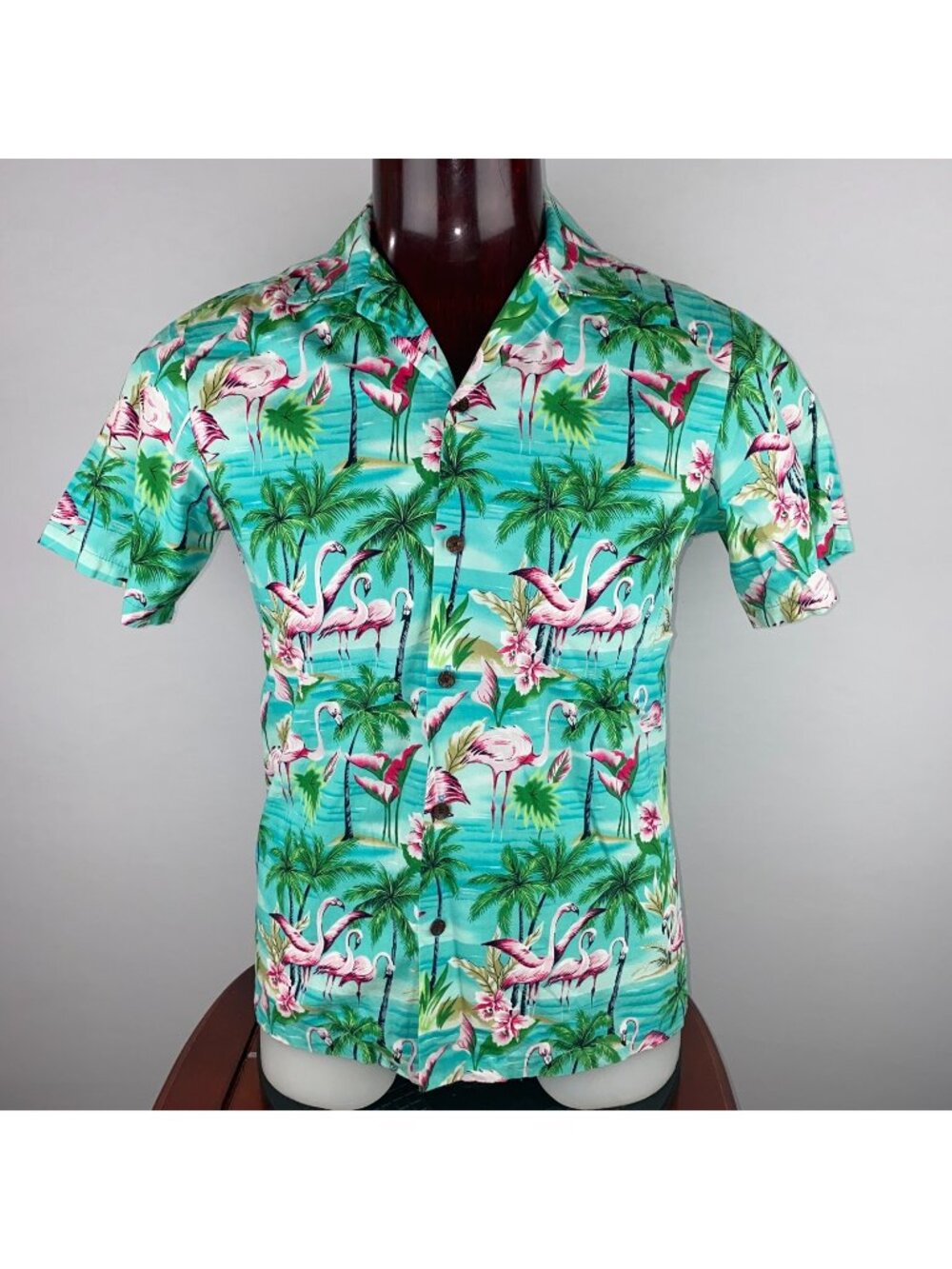 Vintage RJC Flamingo Palm Trees Floral Hawaiian Shirt Mens S Tropical Vacation